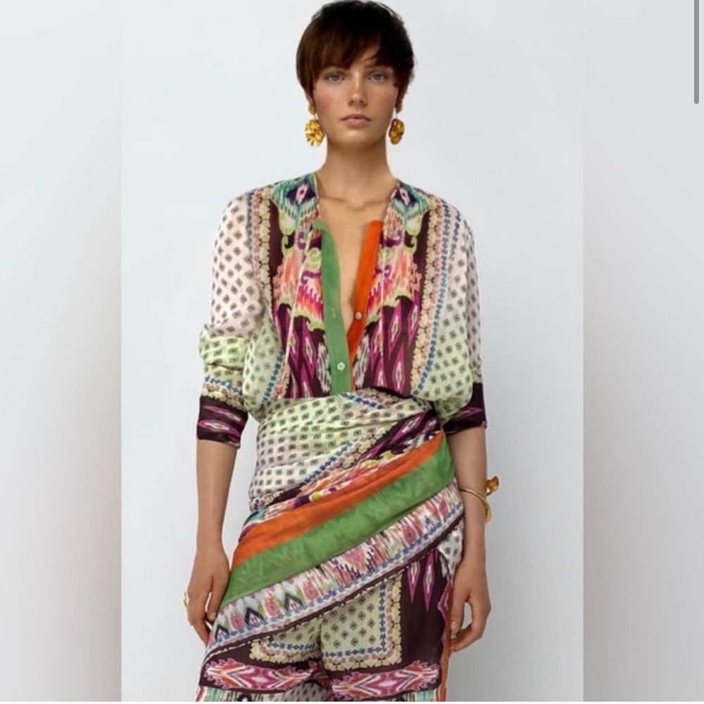 Zara Multi colored feather 2 pieces Set Shirt Small Pants Medium NWT - Picture 4 of 10
